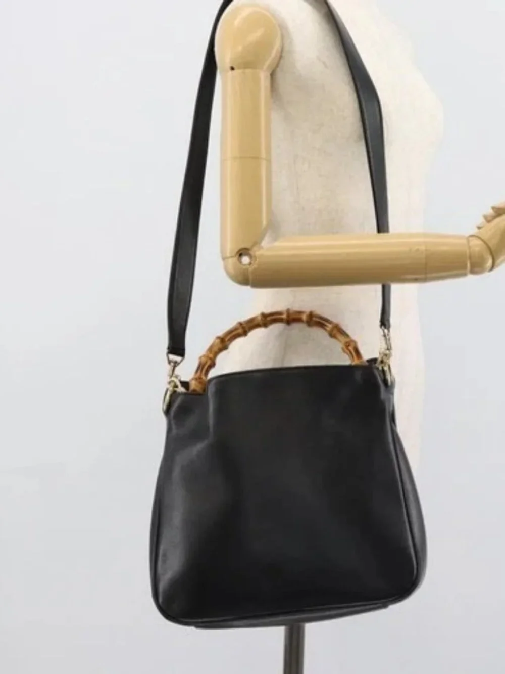 GUCCI Bamboo Shoulder Bag Leather 2way Black Gold 001 1638 2058 Auth ep15046